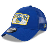 New Era Golden State Warriors Plate Oversized Patch Trucker 9FORTY Adjustable Hat Royal