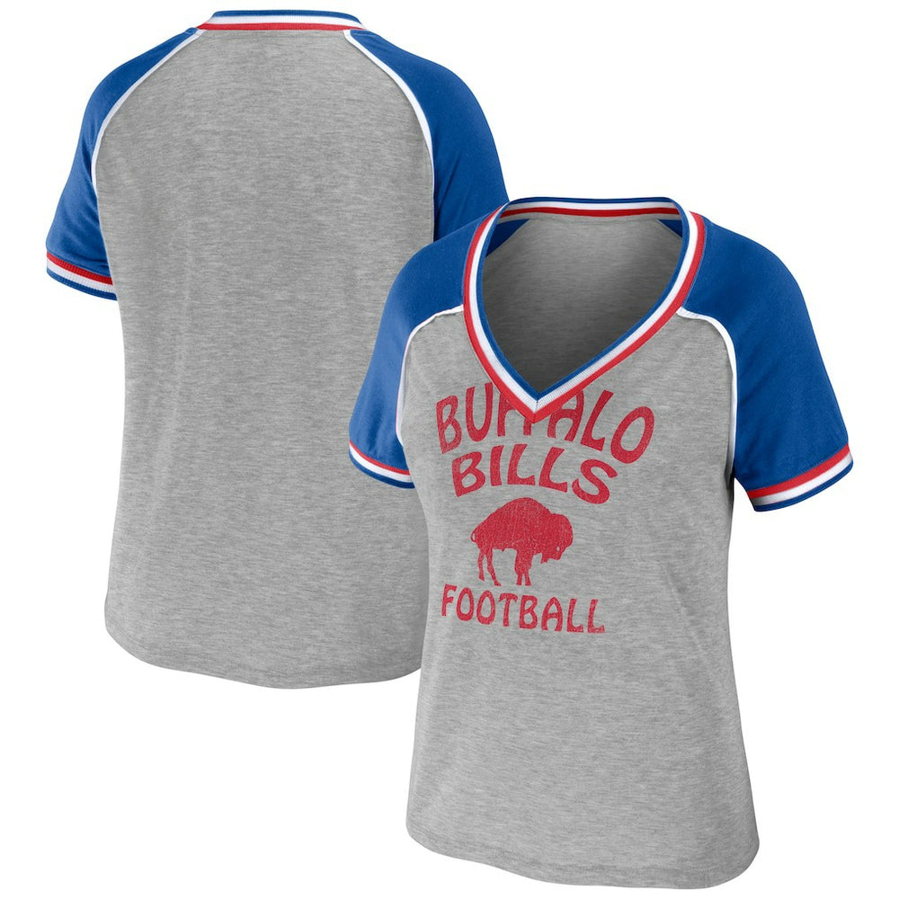 Buffalo Bills WEAR by Erin Andrews Women's Cropped Raglan Throwback V-Neck T-Shirt - Heather Gray - NFL