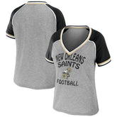 New Orleans Saints WEAR by Erin Andrews Women's Cropped Raglan Throwback V-Neck T-Shirt - Heather Gray - NFL