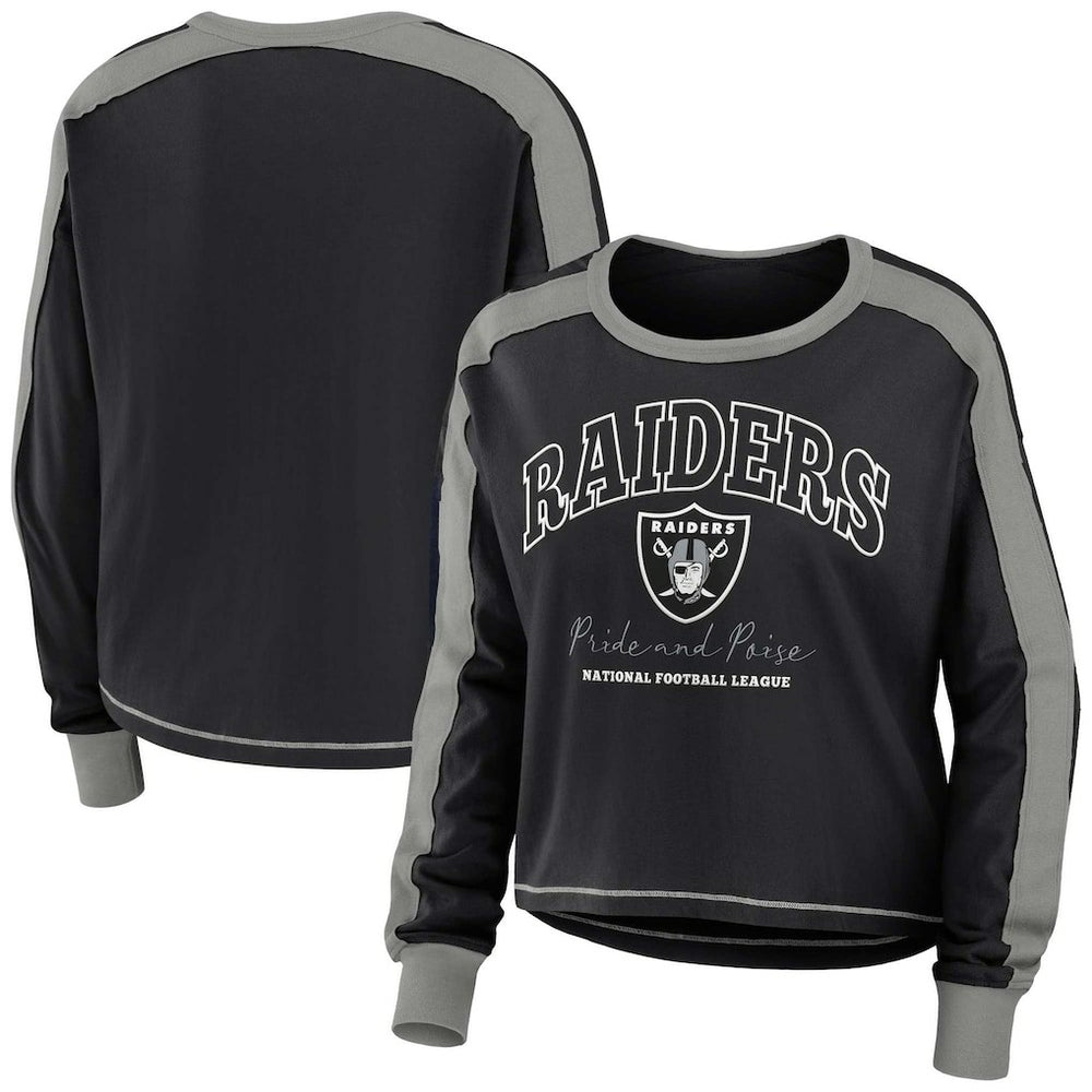 Las Vegas Raiders WEAR by Erin Andrews Women's Color Block Modest Crop Long Sleeve T-Shirt - Black/Silver - NFL