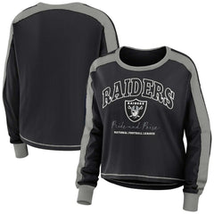 Las Vegas Raiders WEAR by Erin Andrews Women's Color Block Modest Crop Long Sleeve T-Shirt - Black/Silver - NFL
