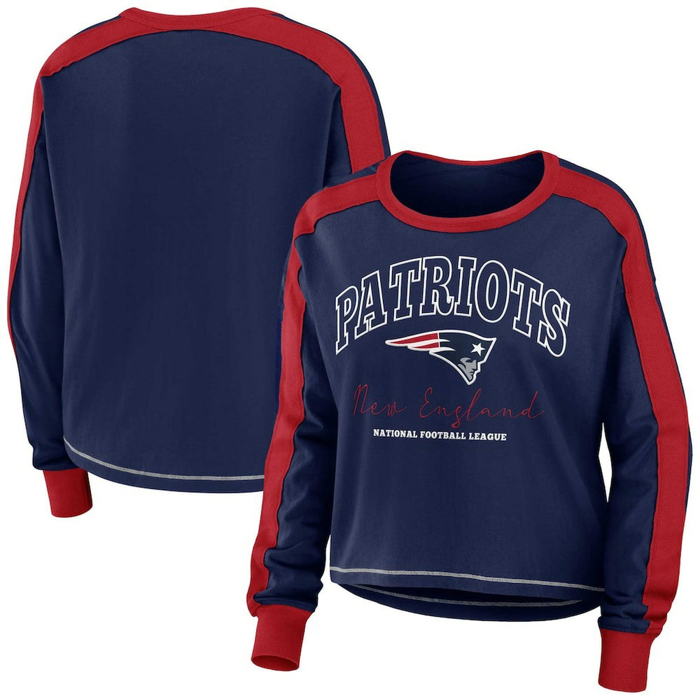 New England Patriots WEAR by Erin Andrews Women's Color Block Modest Crop Long Sleeve T-Shirt - Navy/Red - NFL
