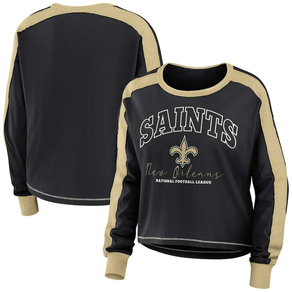 New Orleans Saints WEAR by Erin Andrews Women's Color Block Modest Crop Long Sleeve T-Shirt - Black/Gold - NFL