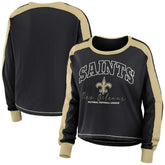 New Orleans Saints WEAR by Erin Andrews Women's Color Block Modest Crop Long Sleeve T-Shirt - Black/Gold - NFL
