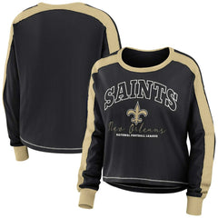 New Orleans Saints WEAR by Erin Andrews Women's Color Block Modest Crop Long Sleeve T-Shirt - Black/Gold - NFL