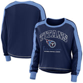 Tennessee Titans WEAR by Erin Andrews Women's Color Block Modest Crop Long Sleeve T-Shirt - Navy/Light Blue - NFL