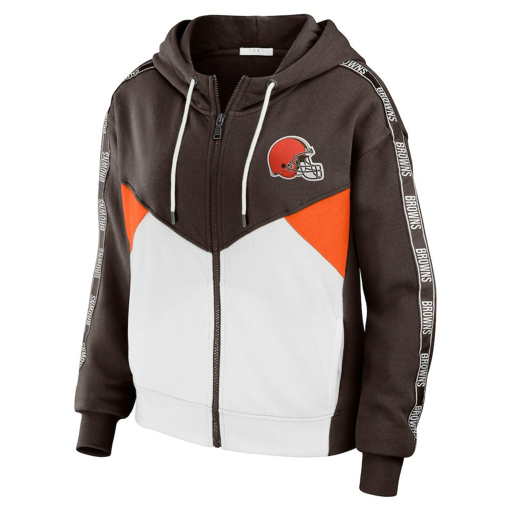 Cleveland Browns WEAR by Erin Andrews Women's Color Block Light Weight Modest Crop Full-Zip Hoodie - Brown/White - NFL