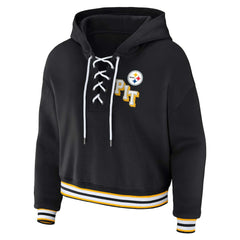 Pittsburgh Steelers WEAR by Erin Andrews Women's Plus Size Lace-Up Pullover Hoodie - Black - NFL