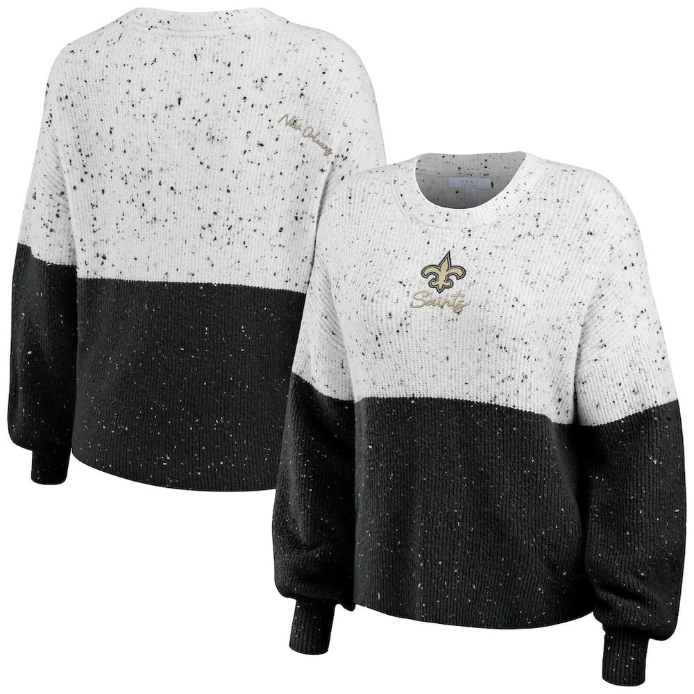 New Orleans Saints WEAR by Erin Andrews Women's Lighweight Modest Crop Color-Block Pullover Sweater - White/Black - NFL