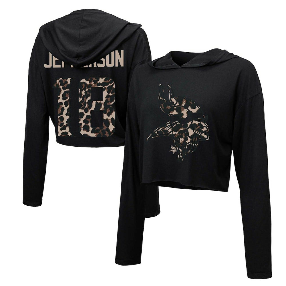 Justin Jefferson Minnesota Vikings Majestic Threads Women's Leopard Player Name & Number Long Sleeve Cropped Hoodie - Black - NFL