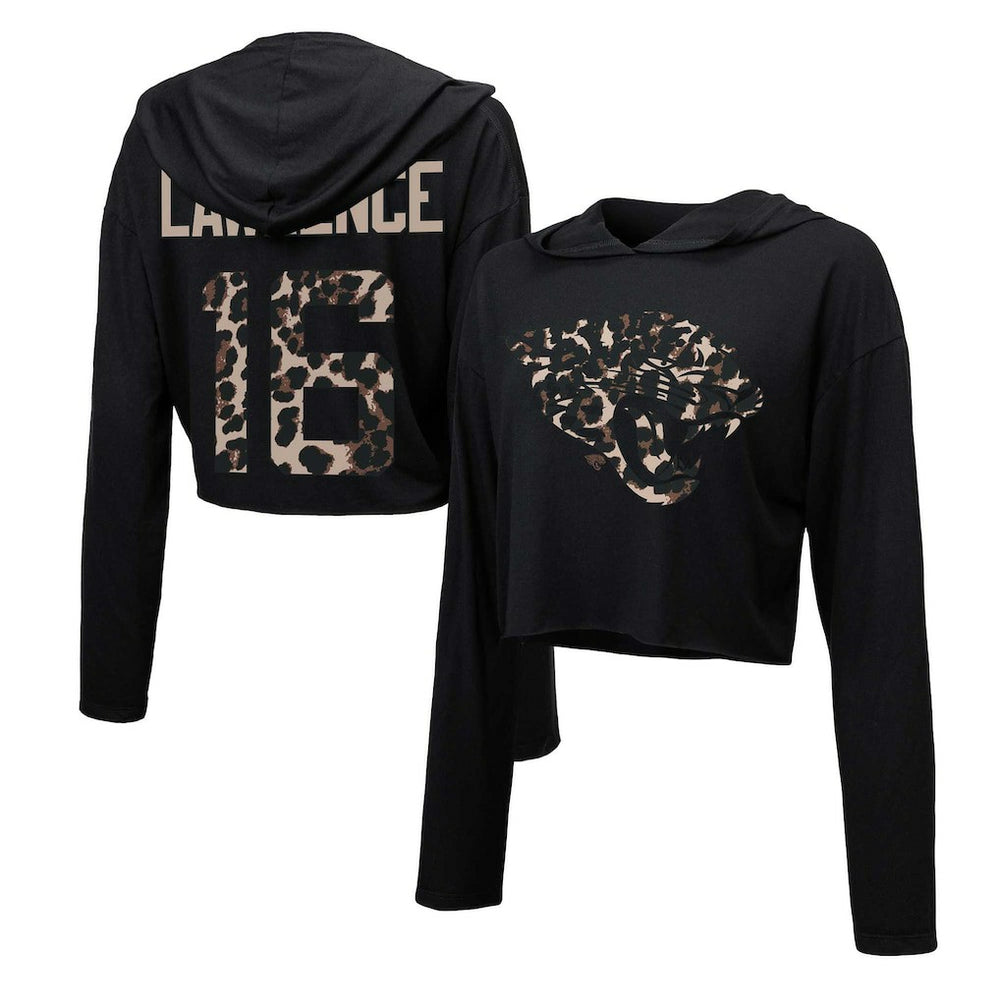 Trevor Lawrence Jacksonville Jaguars Majestic Threads Women's Leopard Player Name & Number Long Sleeve Cropped Hoodie - Black - NFL