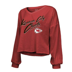 Patrick Mahomes Kansas City Chiefs Majestic Threads Women's Name & Number Off-Shoulder Script Cropped Long Sleeve Relaxed V-Neck T-Shirt - Red - NFL