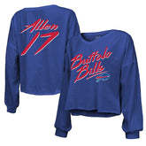 Josh Allen Buffalo Bills Majestic Threads Women's Name & Number Off-Shoulder Script Cropped Long Sleeve Relaxed V-Neck T-Shirt - Royal - NFL
