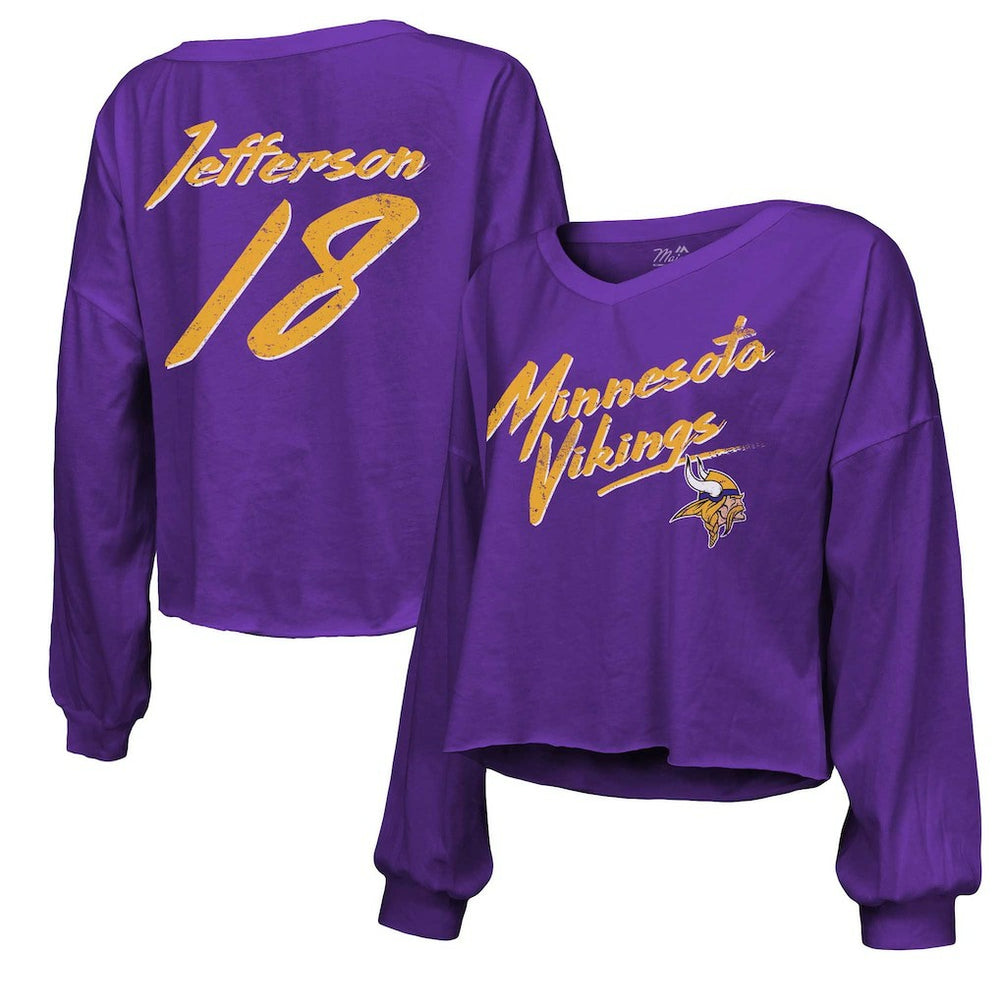 Justin Jefferson Minnesota Vikings Majestic Threads Women's Name & Number Off-Shoulder Script Cropped Long Sleeve V-Neck T-Shirt - Purple - NFL