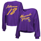 Justin Jefferson Minnesota Vikings Majestic Threads Women's Name & Number Off-Shoulder Script Cropped Long Sleeve V-Neck T-Shirt - Purple - NFL