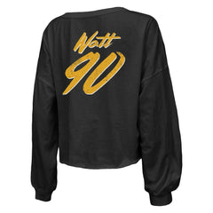 T.J. Watt Pittsburgh Steelers Majestic Threads Women's Name & Number Off-Shoulder Script Cropped Long Sleeve Relaxed V-Neck T-Shirt - Black - NFL