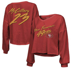 Christian McCaffrey San Francisco 49ers Majestic Threads Women's Name & Number Off-Shoulder Script Cropped Long Sleeve V-Neck T-Shirt - Scarlet - NFL