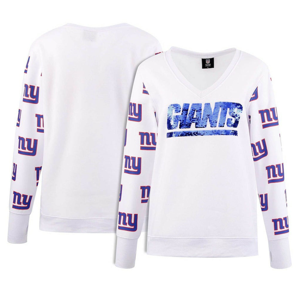 New York Giants Cuce Women's Sequin Fleece V-Neck T-Shirt - White - NFL