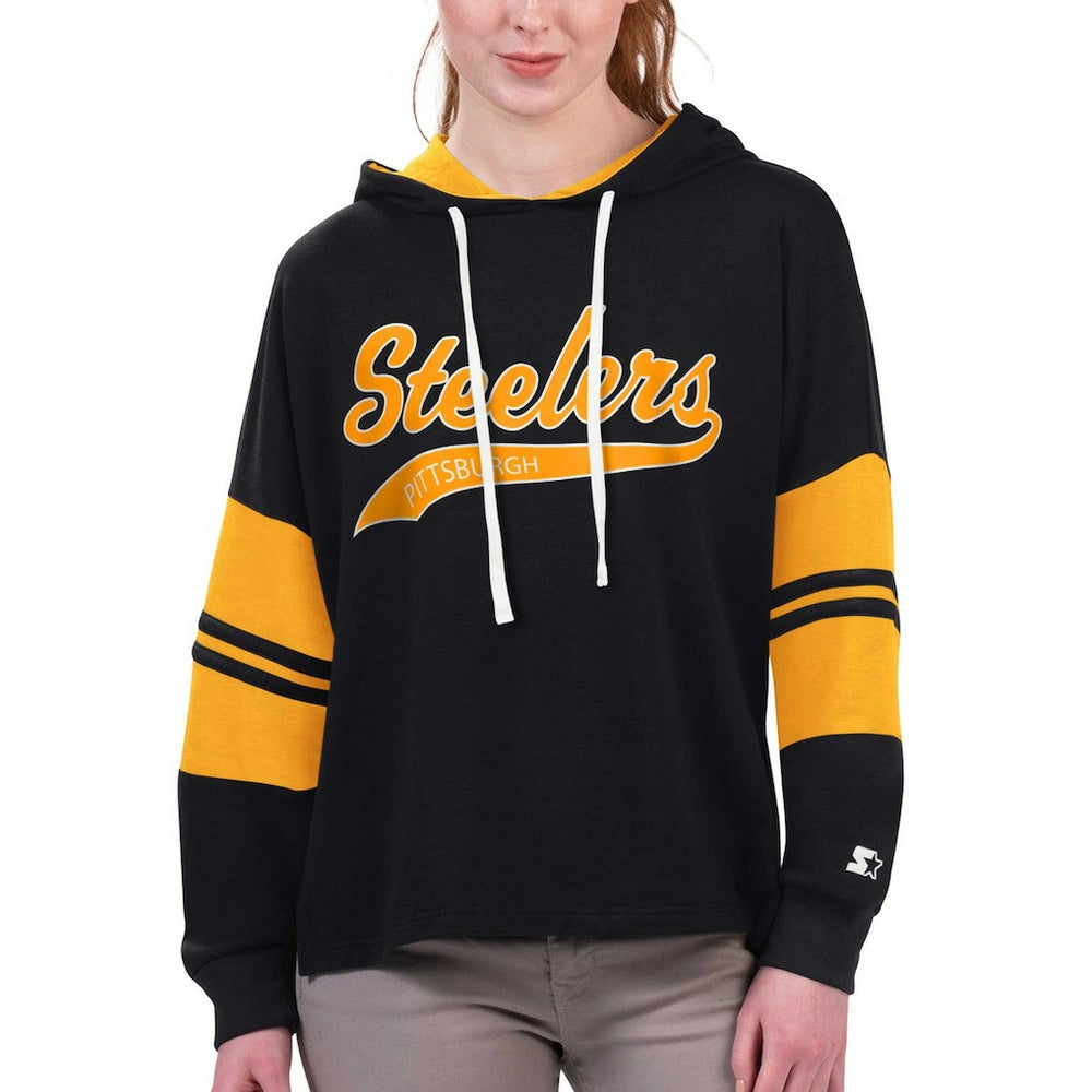 Pittsburgh Steelers Starter Women's Bump And Run Long Sleeve Hoodie T-Shirt - Black - NFL