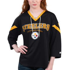 Pittsburgh Steelers Starter Women's Rally Lace-Up 3/4 Sleeve T-Shirt - Black - NFL