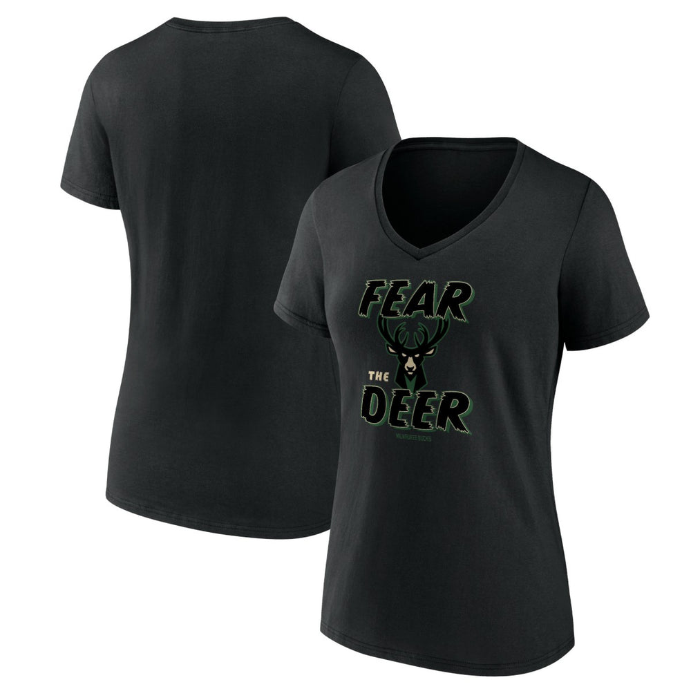 Milwaukee Bucks Women's Hometown Collection Fear The Deer V-Neck T-Shirt Black