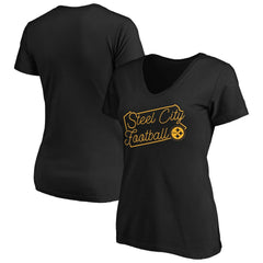 Pittsburgh Steelers Women's Script V-Neck T-Shirt - Black - NFL