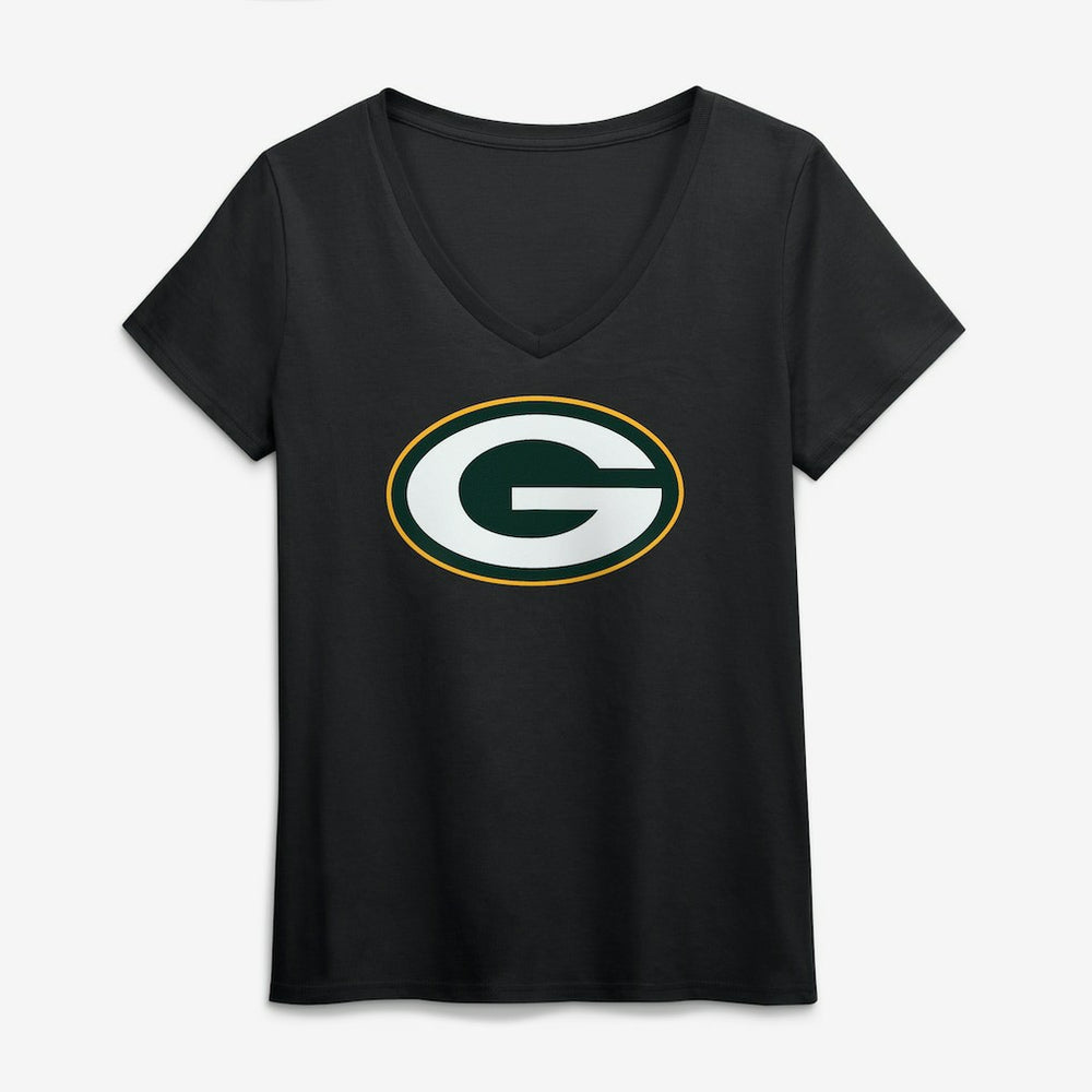 Green Bay Packers Logo Athletic Women's Primary Logo V-Neck T-Shirt - Black - NFL