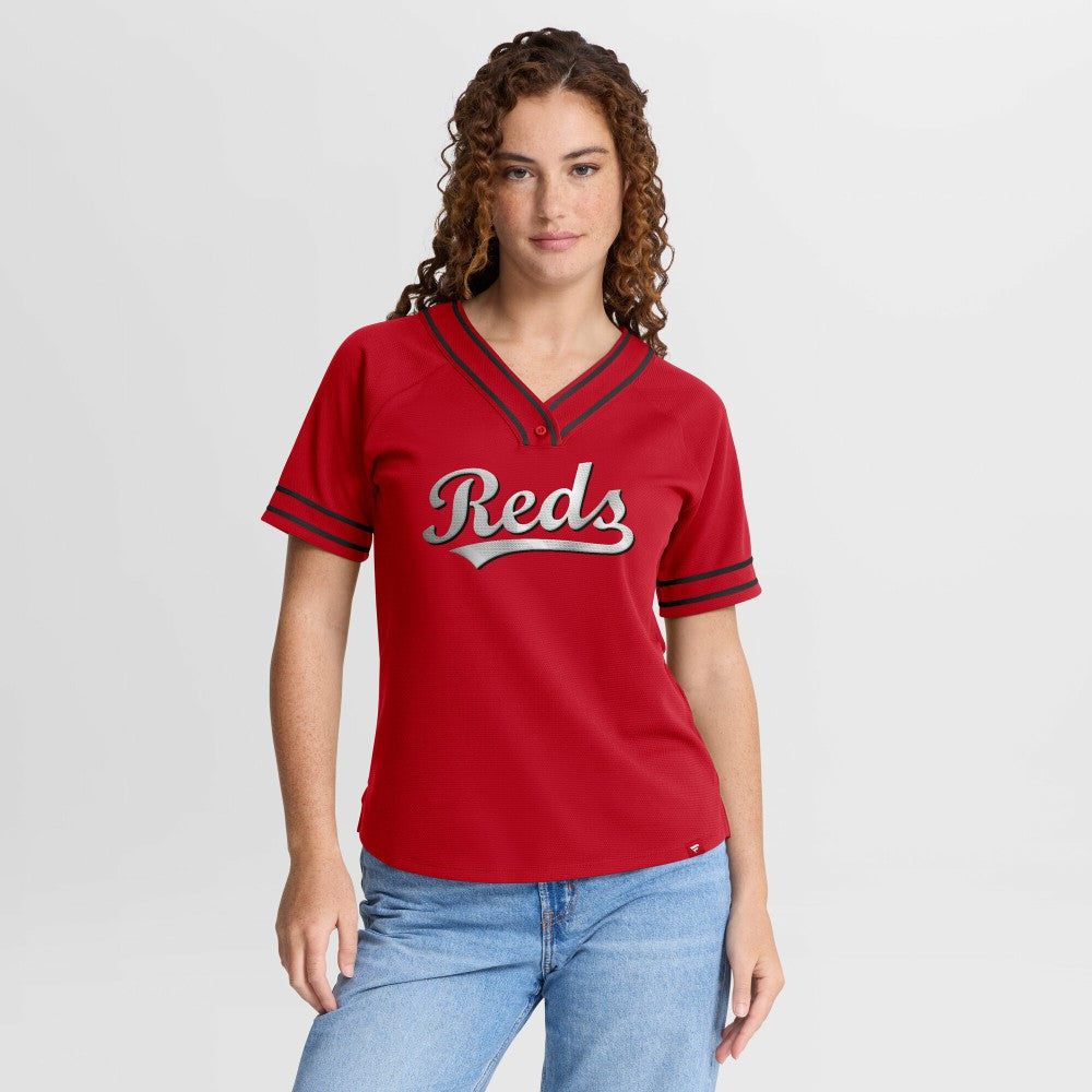 Cincinnati Reds Fanatics Women's Diva Race Ahead Raglan V-Neck T-Shirt Near Me