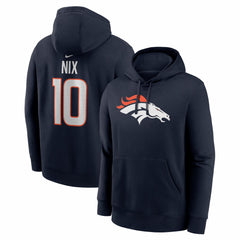 Bo Nix Denver Broncos Name & Number Fleece Hoodie - Navy - Nike