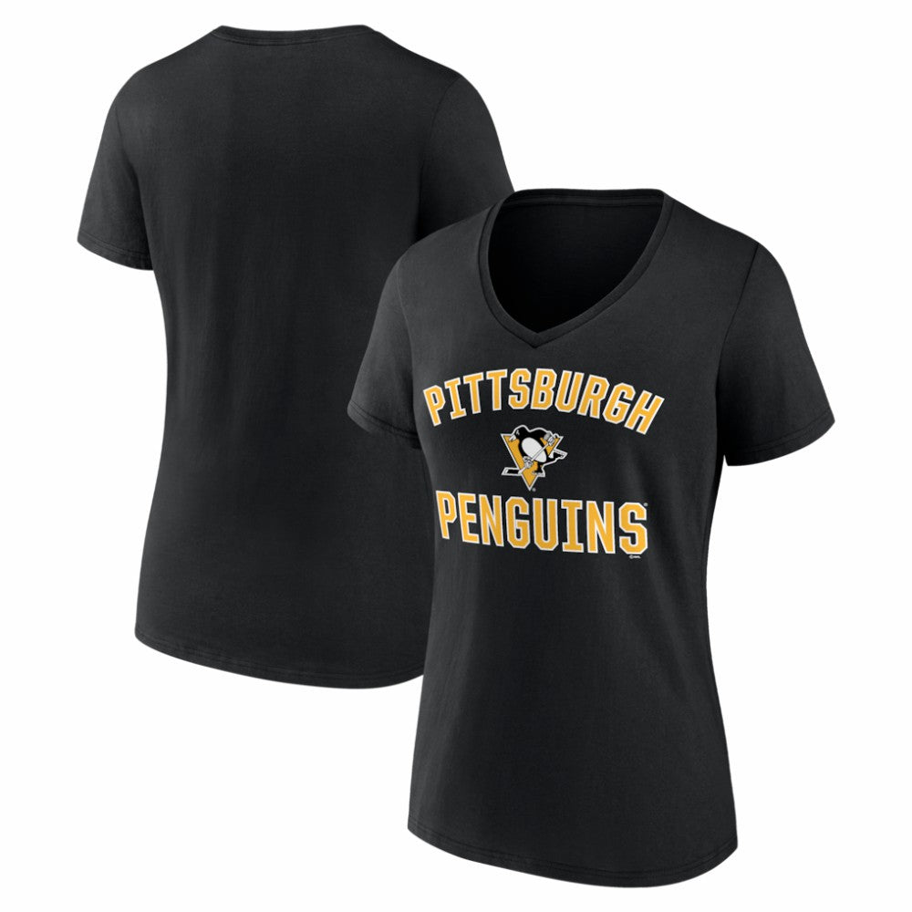 Pittsburgh Penguins Logo Athletic Women's Arch Victory V-Neck T-Shirt - Black | NHL Clearance