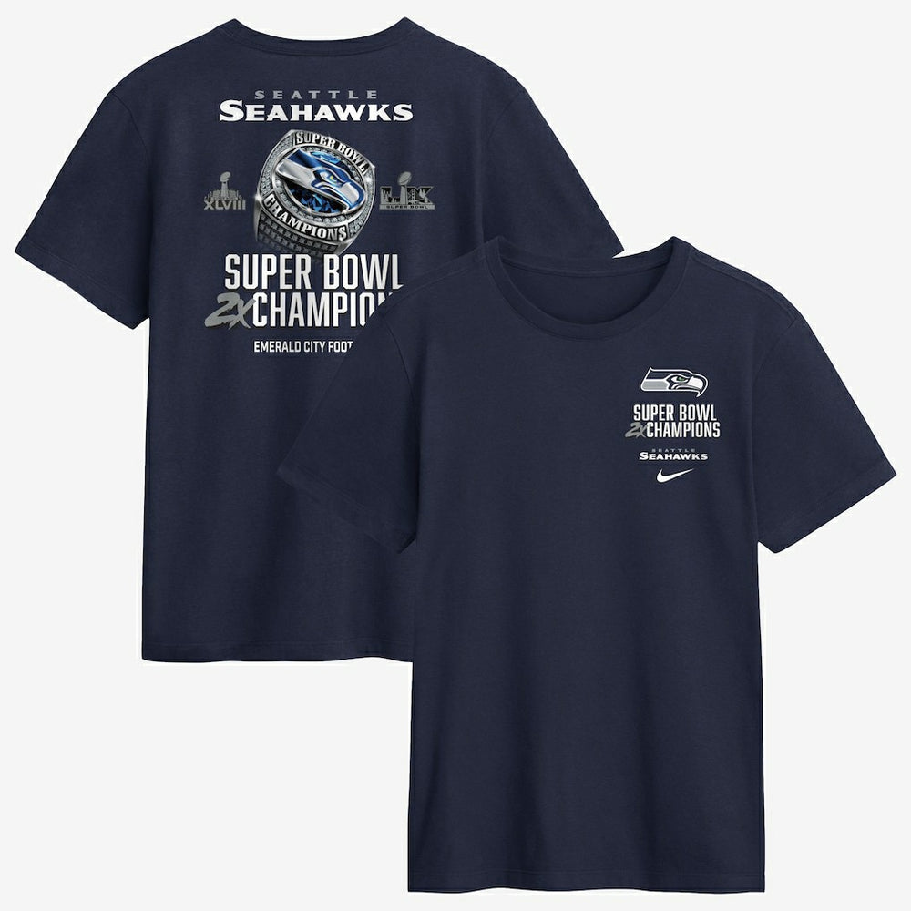 Seattle Seahawks Two-Time Super Bowl Champions Downtown Ring Club T-Shirt - College Navy - Nike
