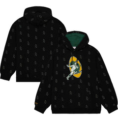 Green Bay Packers Allover Print Fleece Pullover Hoodie - Black - Mitchell & Ness