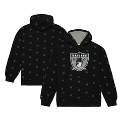 Las Vegas Raiders Allover Print Fleece Pullover Hoodie - Black - Mitchell & Ness