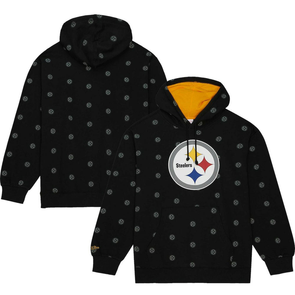 Pittsburgh Steelers Allover Print Fleece Pullover Hoodie - Black - Mitchell & Ness