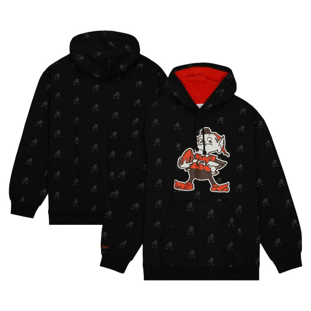 Cleveland Browns Allover Print Fleece Pullover Hoodie - Black - Mitchell & Ness