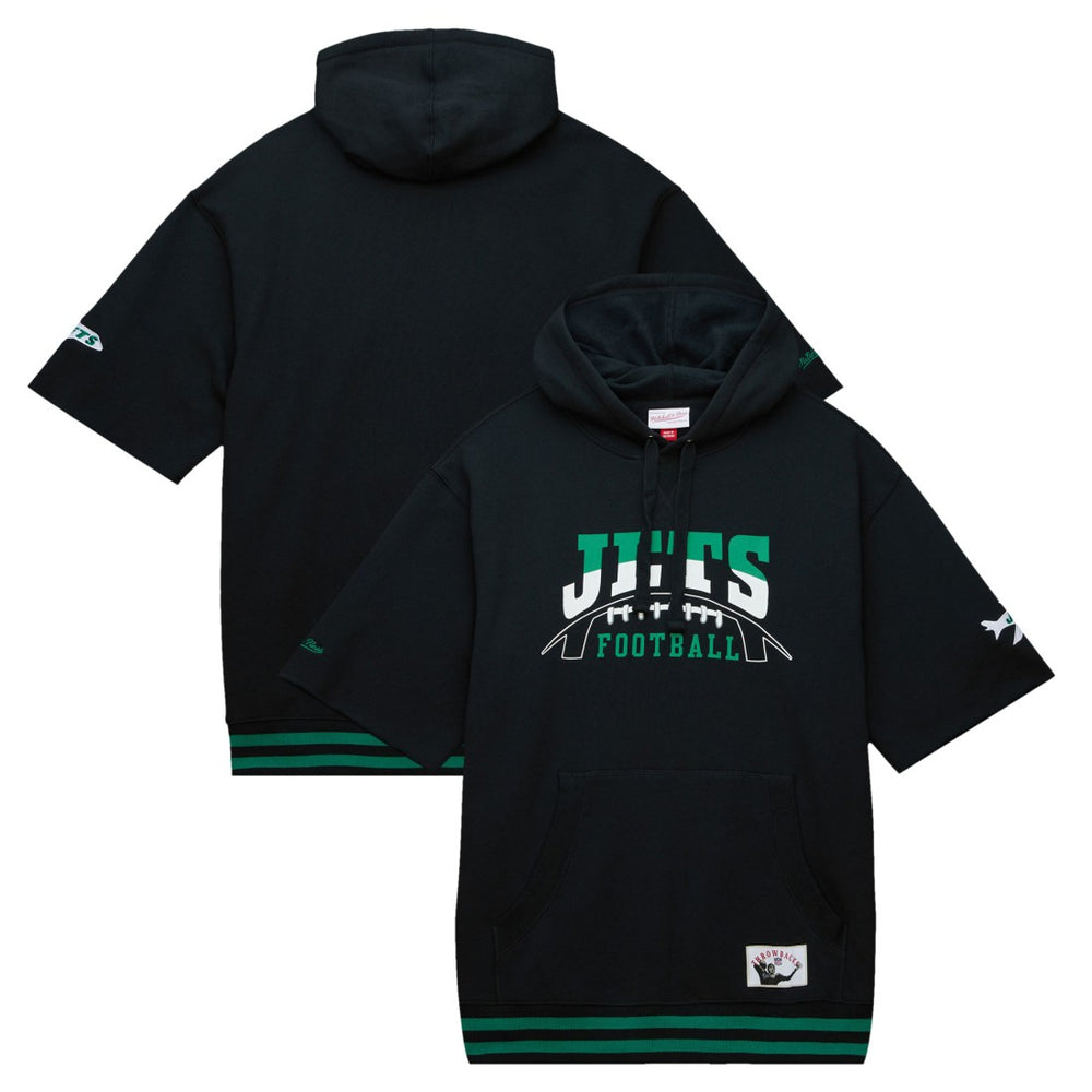 New York Jets Pre-Game Short Sleeve Pullover Hoodie - Black - Mitchell & Ness