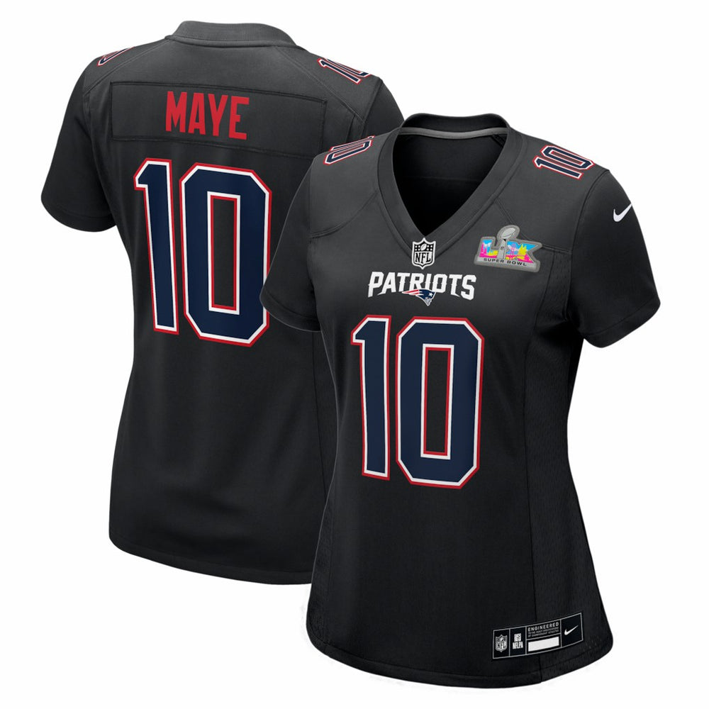 Drake Maye New England Patriots Women's Super Bowl LX Patch Carbon Fashion Game Jersey - Black - Nike