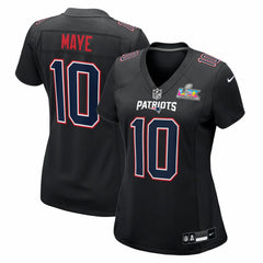 Drake Maye New England Patriots Women's Super Bowl LX Patch Carbon Fashion Game Jersey - Black - Nike