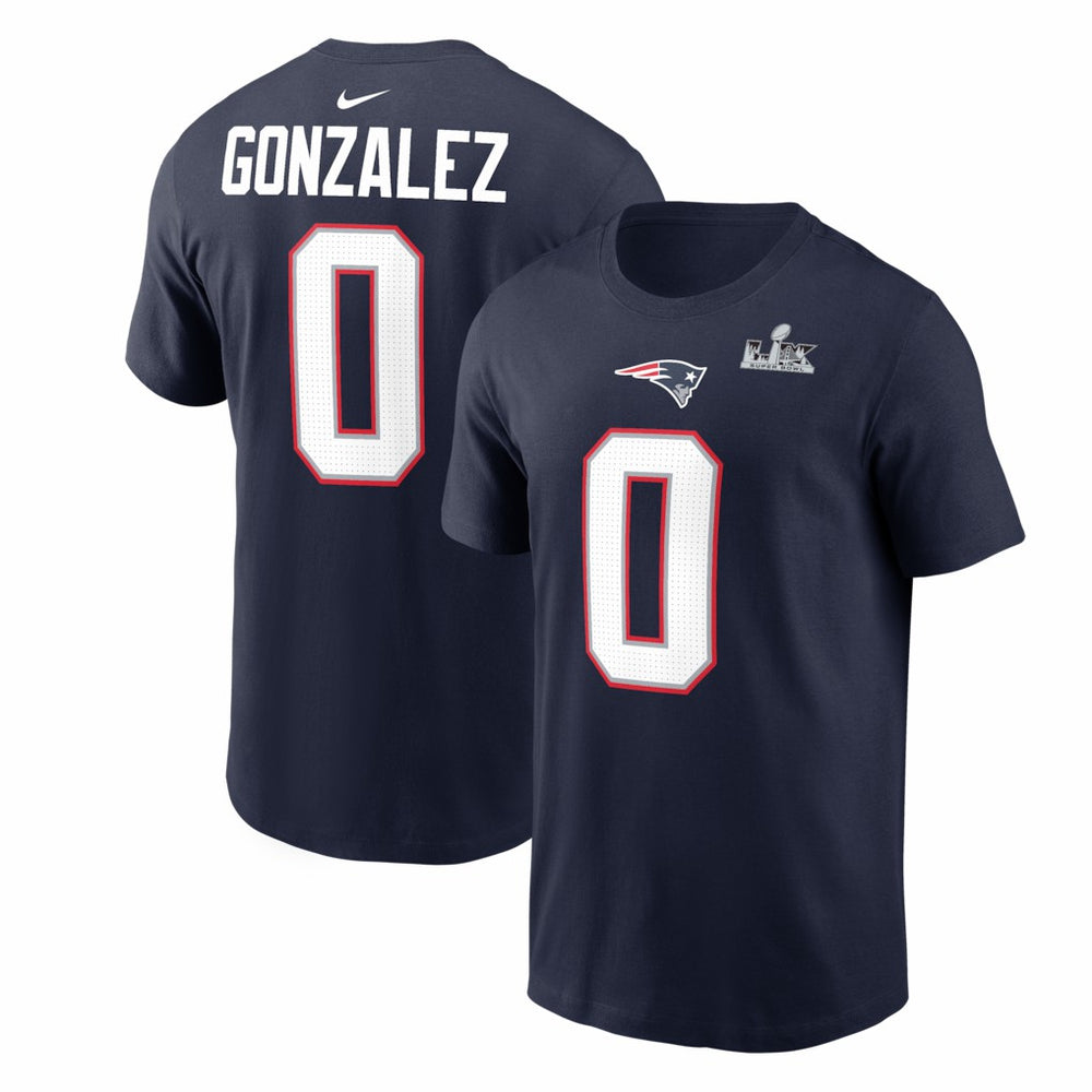 Christian Gonzalez New England Patriots Super Bowl LX Patch Name & Number T-Shirt - Navy - Nike