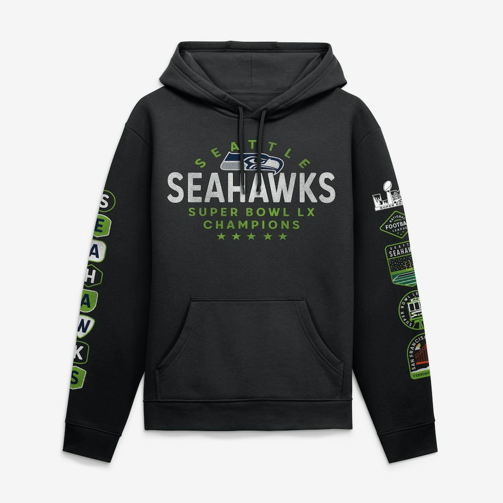Seattle Seahawks Super Bowl LX Champions Banner Year Hoodie - Black - Fanatics