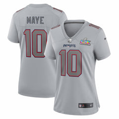 Drake Maye New England Patriots Women's Super Bowl LX Patch Atmosphere Fashion Game Jersey - Silver - Nike