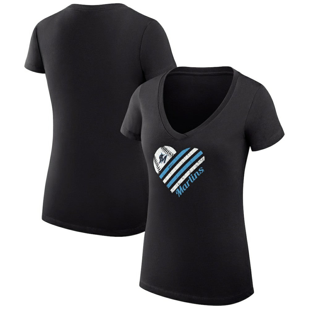 Miami Marlins G-III 4Her by Carl Banks Women's Super-Slim Fit Lightweight Heart V-Neck T-Shirt Discount