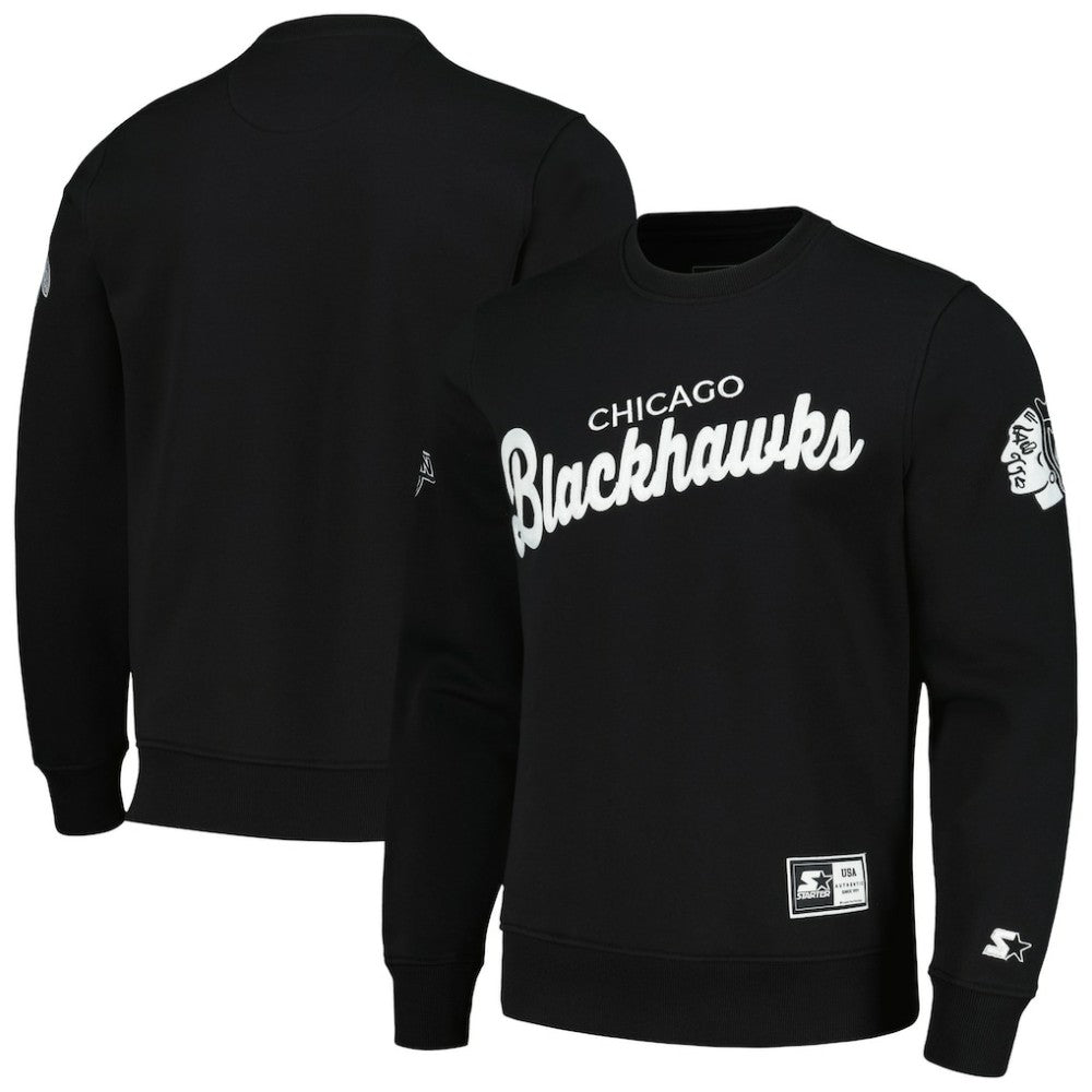 Chicago Blackhawks Starter x NHL Black Ice Cross Check Pullover Sweatshirt - Black | NHL Lifestyle