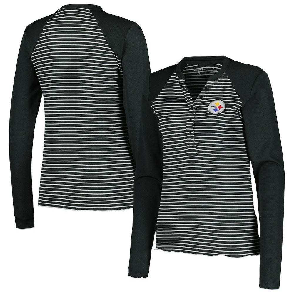 Pittsburgh Steelers Antigua Women's Maverick Waffle Henley Long Sleeve T-Shirt - Black - NFL