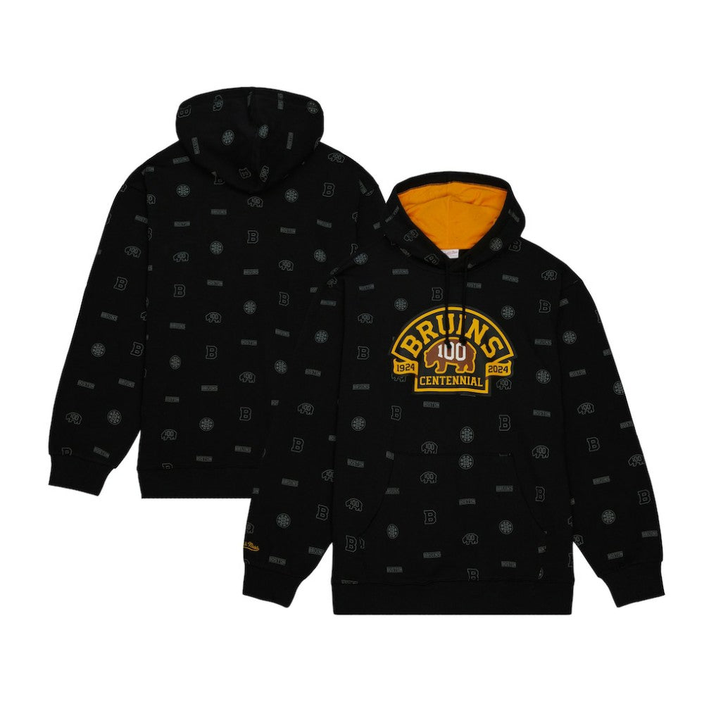 Boston Bruins Mitchell & Ness 100th Anniversary Allover Print Pullover Hoodie - Black | NHL on sale