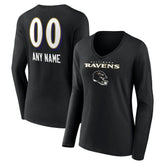 Baltimore Ravens Women's Personalized Name & Number Team Wordmark Long Sleeve V-Neck T-Shirt - Black - NFL