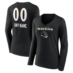 Baltimore Ravens Women's Personalized Name & Number Team Wordmark Long Sleeve V-Neck T-Shirt - Black - NFL