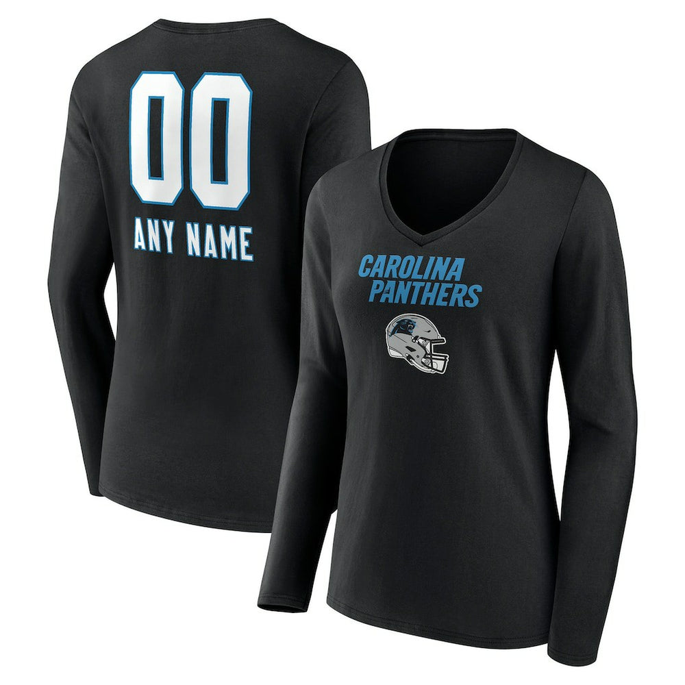 Carolina Panthers Women's Personalized Name & Number Team Wordmark Long Sleeve V-Neck T-Shirt - Black - NFL