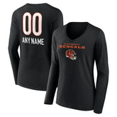 Cincinnati Bengals Women's Personalized Name & Number Team Wordmark Long Sleeve V-Neck T-Shirt - Black - NFL
