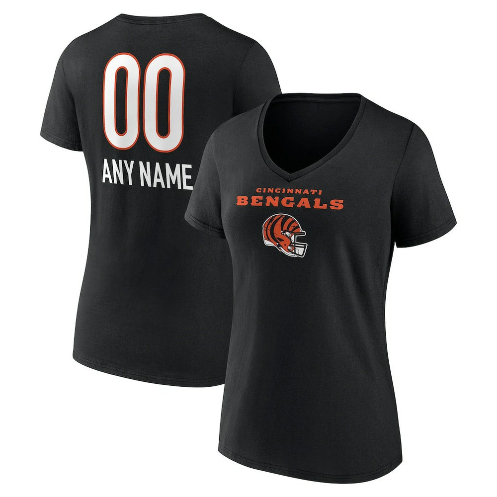 Cincinnati Bengals Women's Personalized Name & Number Team Wordmark V-Neck T-Shirt - Black - NFL